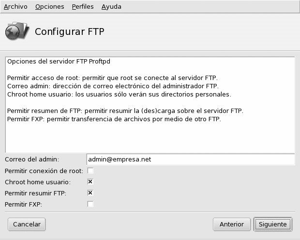 Opciones del servidor FTP