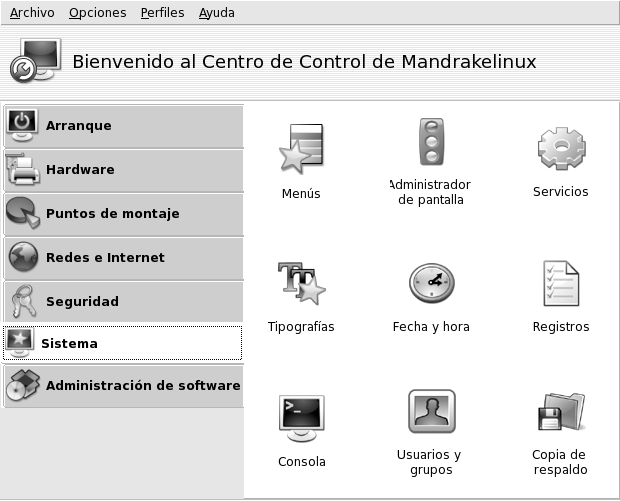La ventana principal del Centro de Control
