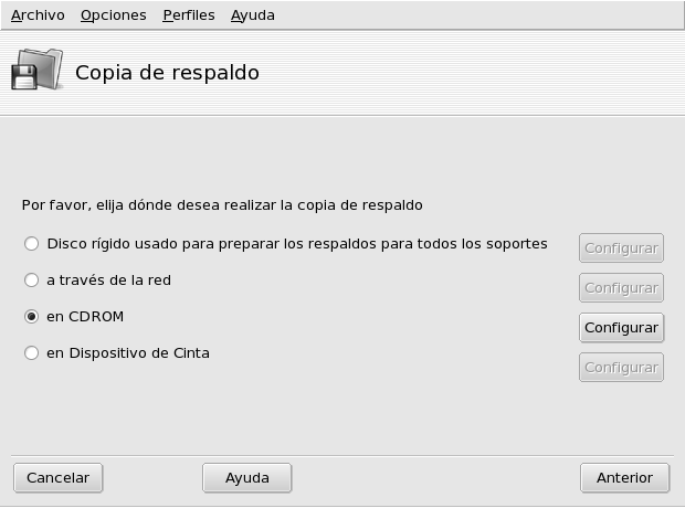 Seleccionando dónde almacenar la copia de respaldo