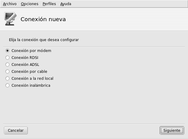 Eligiendo el tipo de conexión de red a configurar
