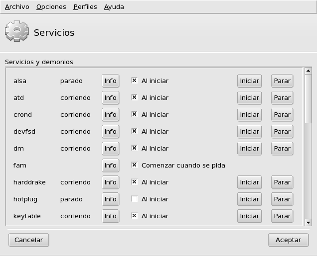 Eligiendo los servicios disponibles al momento del arranque