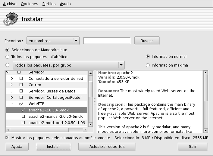La interfaz Instalación de paquetes de software