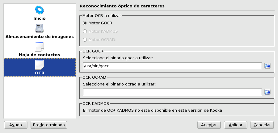 Ventana de configuración de Kooka