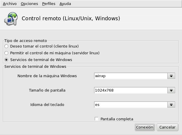 Opciones de los servicios de terminal de Windows