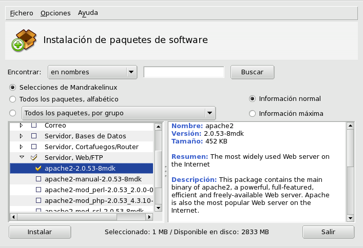 La interfaz Instalación de paquetes de software