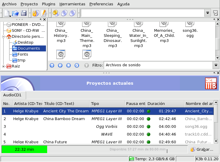 Seleccionando pistas de audio a incluir en el CD