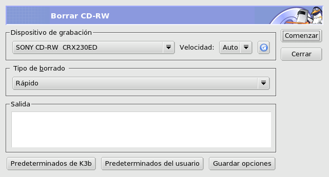 Ajustando las opciones de borrado de CD-RW