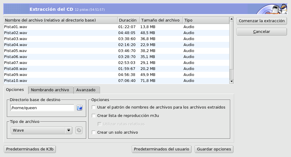 Opciones de extracción de CD