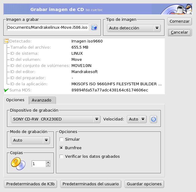 Opciones de grabación de la imagen de CD