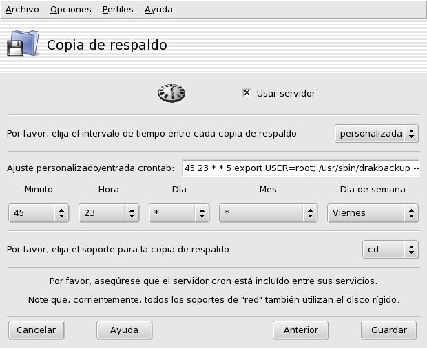 Ventana de opciones del servicio