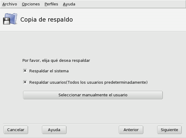 Seleccionando qué respaldar