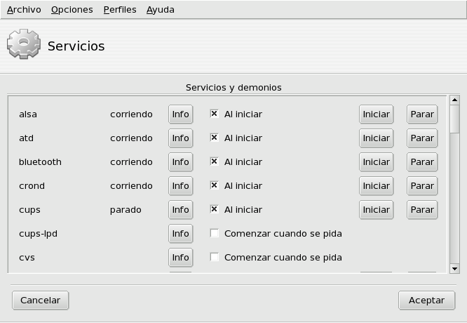 Eligiendo los servicios disponibles al momento del arranque