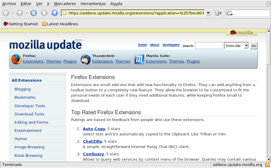 Página de extensiones de Firefox