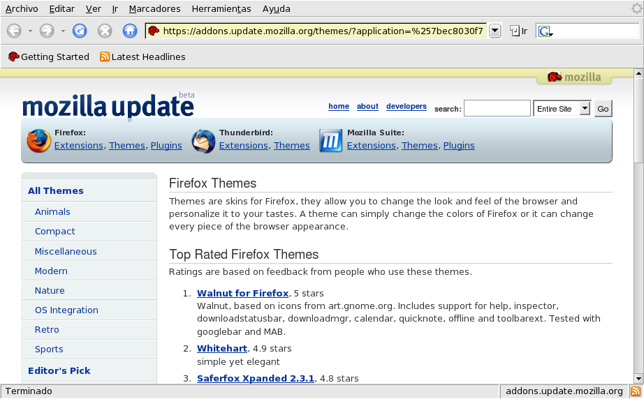 Página de temas de Firefox