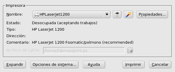 Ventana de KPrinter