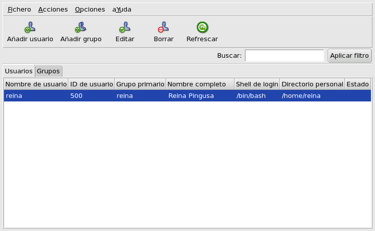 La lista de usuarios en UserDrake