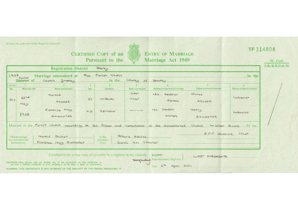 Florence May Bannister's marriage certificate