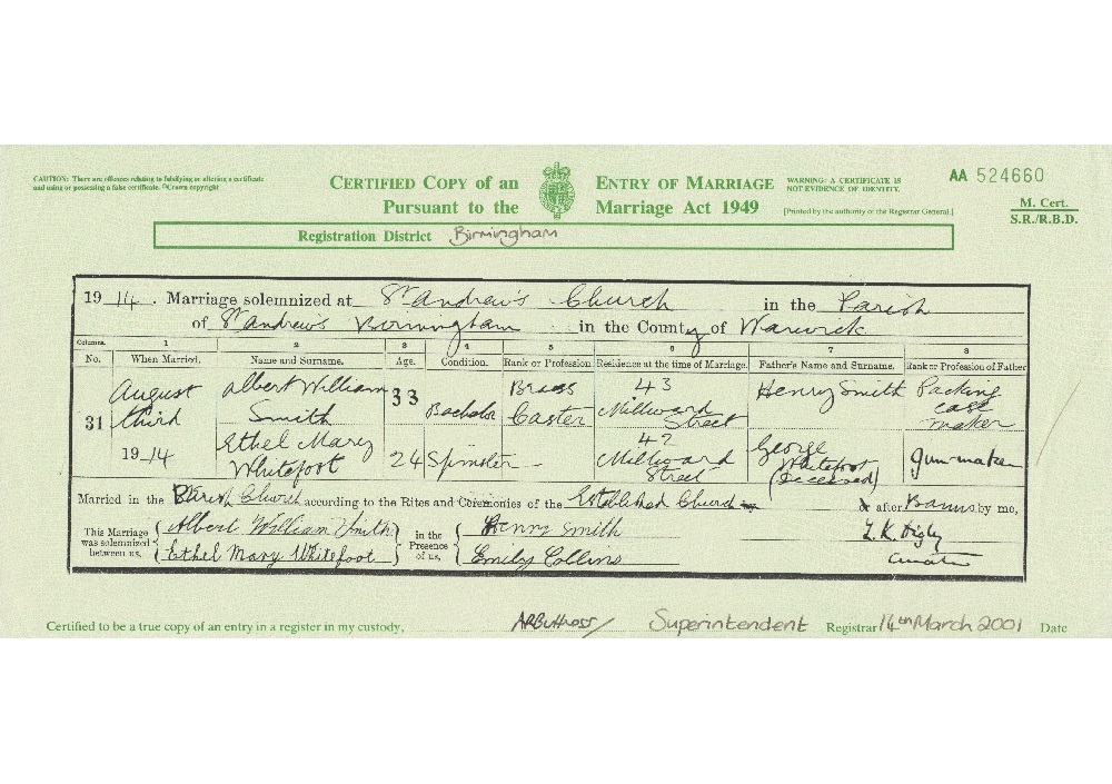 Ethel Mary Whitefoot's marriage certificate