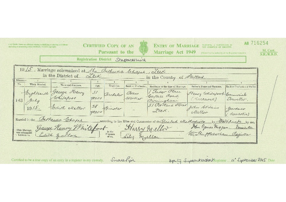 George Henry Whitefoot's marriage certificate