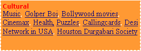 Text Box: CulturalMusic, Golper Boi, Bollywood movies, Cinemark, Health, Weather, Callingcards, Desi Network in USA, Houston Durgabari Society, E-shopping
