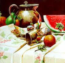 bodegon con sandias. acuarela sobre papel arches. 100 x 70 cms