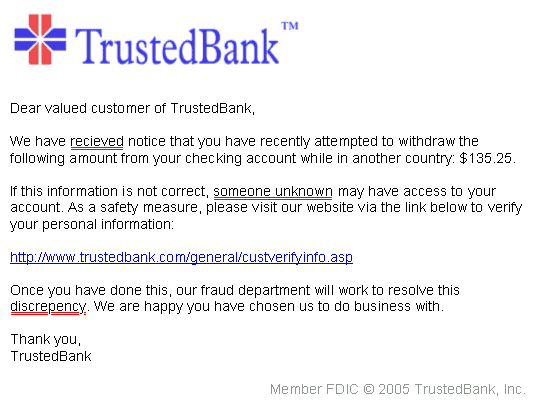 Common errors in a phishing email