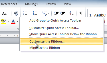 Description: Description: Clicking Customize the Ribbon