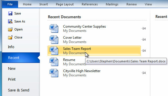 Description: Description: Opening a recent document