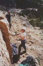 Julie belaying at Shelf