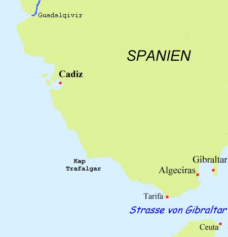 Karte der Strasse von Gibraltar inklusive Cadiz