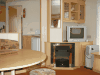 lounge and kitchen in holiday caravan