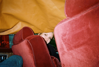 Jen peers out from a colapsed roof!