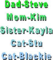 Dad-Steve
Mom-Kim
Sister-Kayla
Cat-Stu
Cat-Blackie
