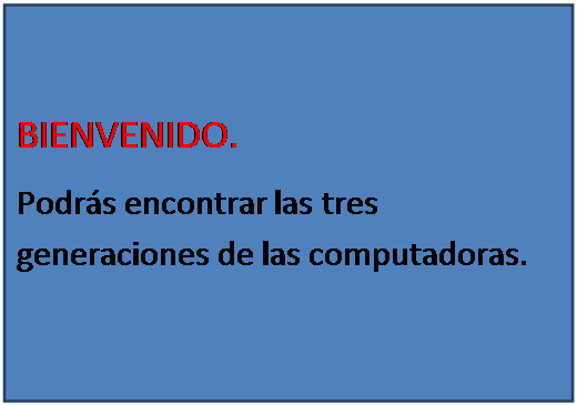 Cuadro de texto: BIENVENIDO.
Podr�s encontrar las tres generaciones de las computadoras.
