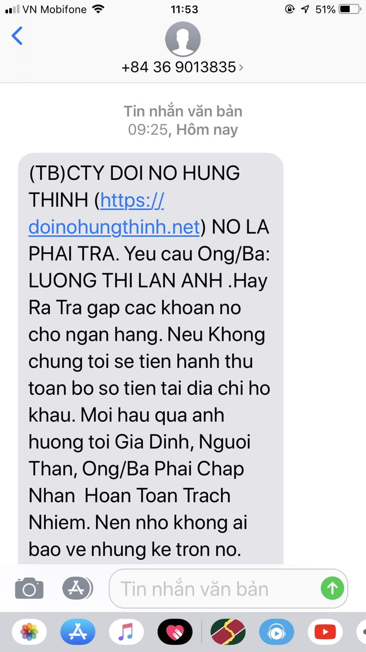 Đây là tin nhắn hăm dọa của 1 công ty thu hồi nợ