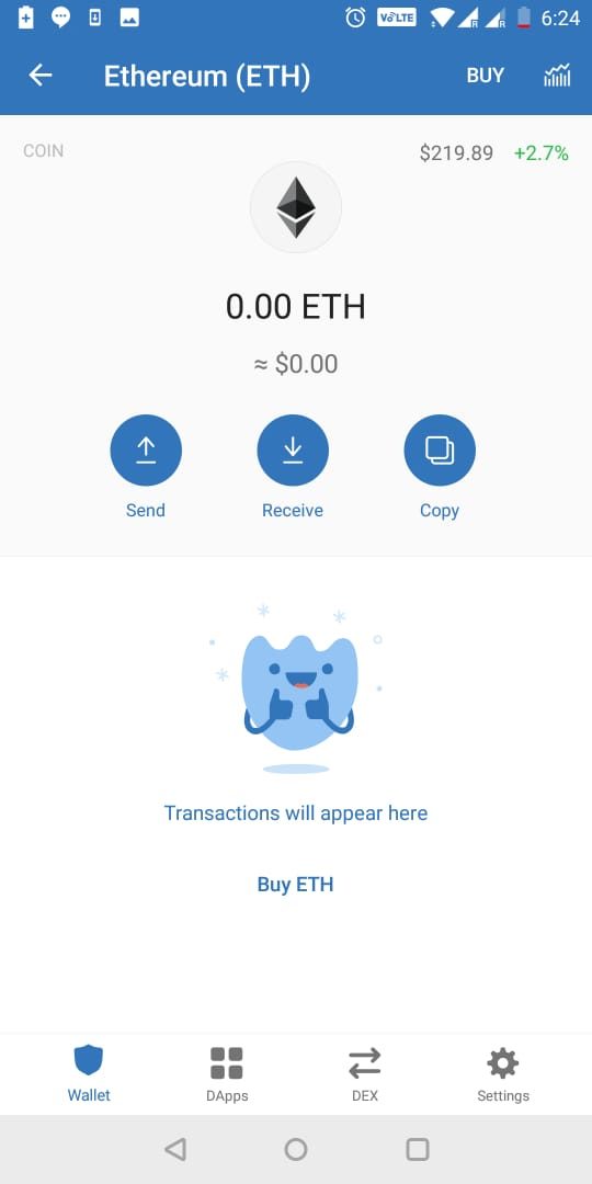 Giao diện trên Trustwallet, bạn bấm vào Receive sẽ hiện ra Ví địa chỉ để nhận ETH (Đối với Bitcoin cũng tương tự)
