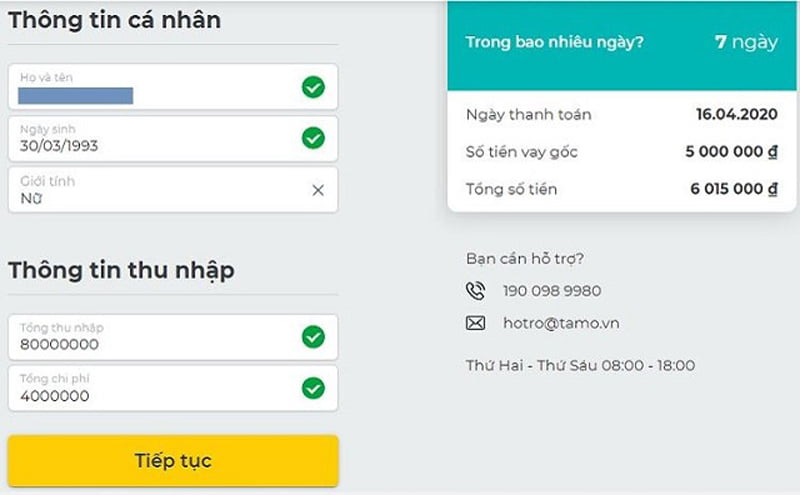 Cập nhật thông tin đăng ký tài khoản Tamo