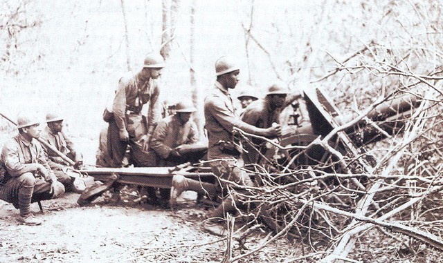 Soldados peruanos manipulando un ca�on camuflado en la campa�a militar de 1941