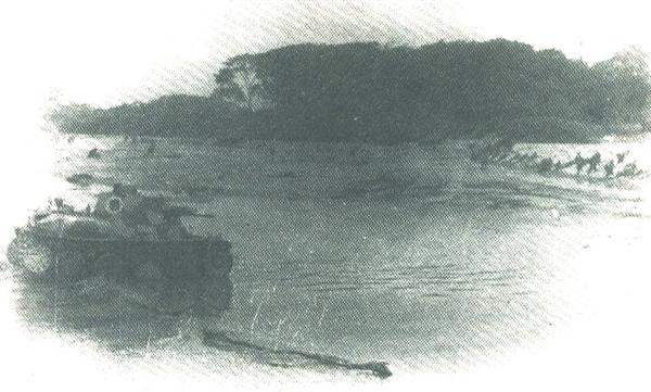 Tanque peruano cruzando el r�o zarumilla en 1941