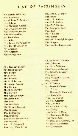 Fred Carson's name on the Passenger List when they went to make a movie in 1964