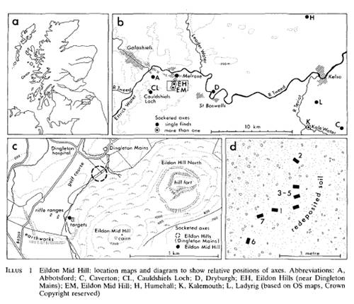 The Eildon Hills and the relative position of the axes.
