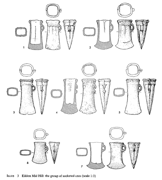 Eildon Mid Hill - the group of socketed axes (scale 1:3).
