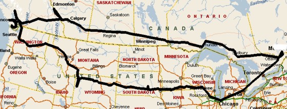 trajet du voyage dans l'Ouest canadien et am�ricain en mai et juin 2003