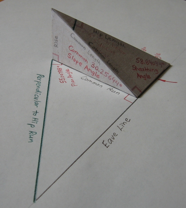 Tetrahedron modeling the Hip Roof Angles positioned with respect to the Plan Angles, viewed from triangle representing the Common Slope