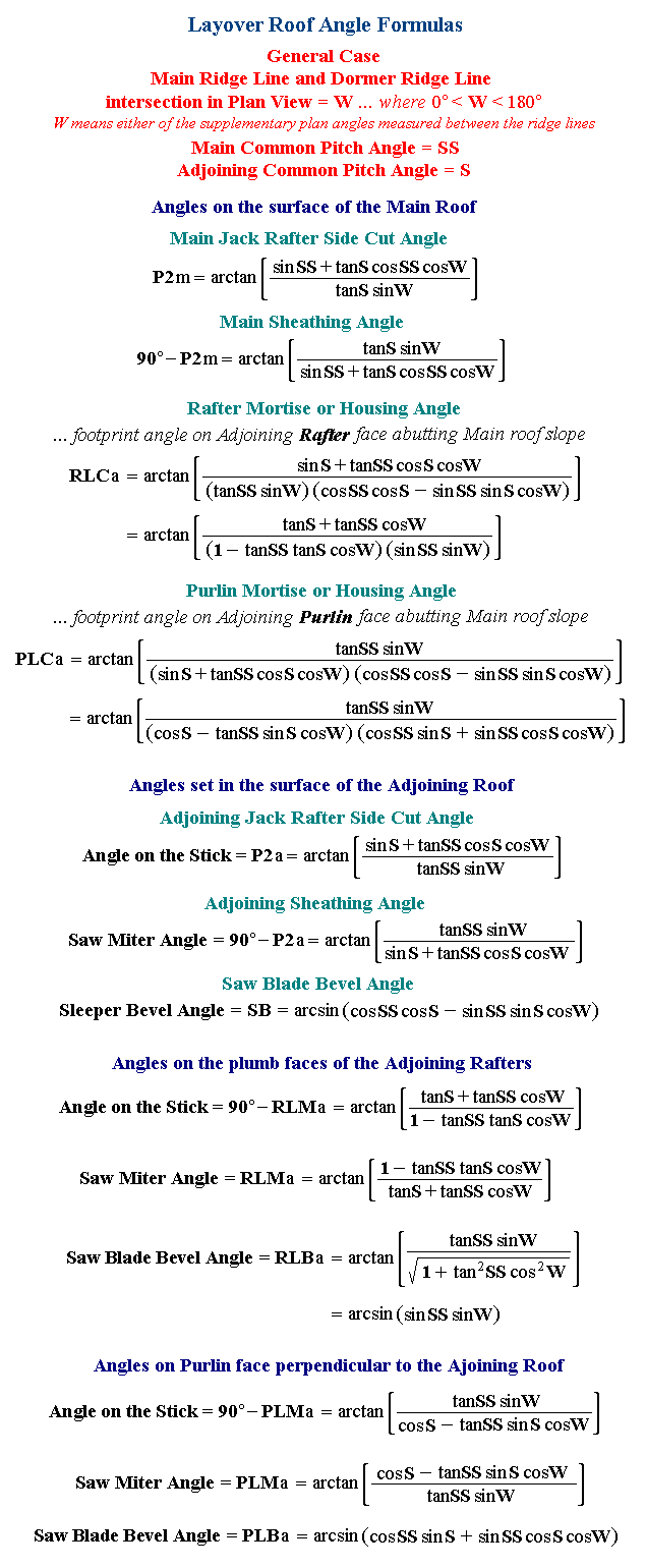 Layover Adjoining Roof intersects Main Roof: General Case Formulas from first principles