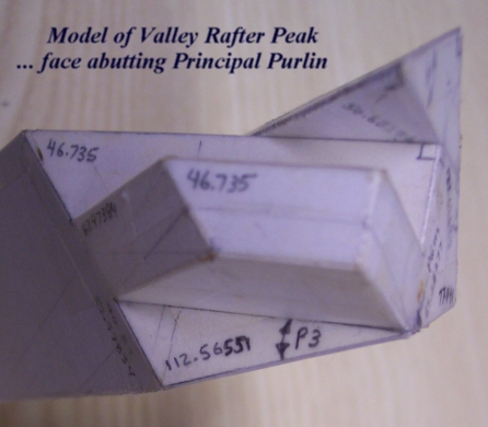 Model of Valley Rafter Peak with Shelf Cut, Tenon and Layover Extension ... view of face abutting the Principal Purlin