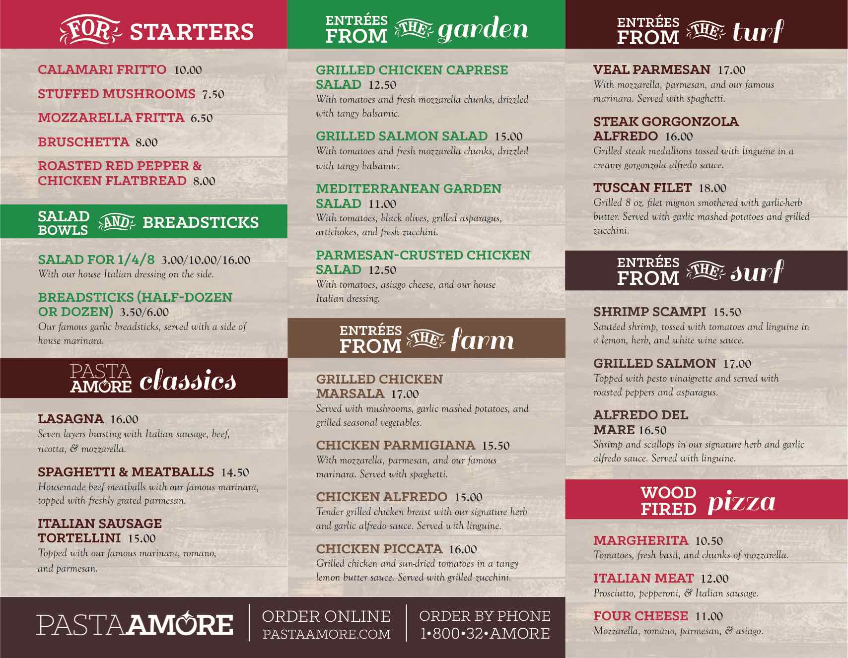 Pasta Amore take-out menu
