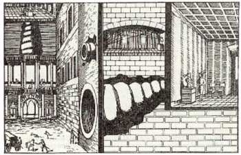 Fig. 152. Curiosidades ac�sticas de un castillo medieval. Bustos parlantes. (De un libro de Athanasius Kircher, del a�o 1560).