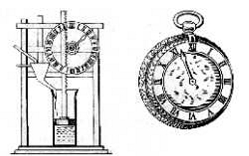 Fig. 5. Reloj de agua (a la izquierda) que se utiliz� en la antig�edad. A la derecha un antiguo reloj de bolsillo. Tanto el uno como el otro carecen de minutero