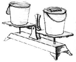 Fig. 55.  Estos dos cubos son iguales y est�n llenos de agua hasta los bordes; pero en uno de ellos flota un trozo de madera. �Cu�l de los dos pesa m�s?
